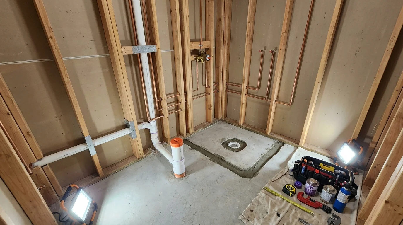 Bathroom rough-in plumbing during remodel by Johns Plumbing LLC in Casey