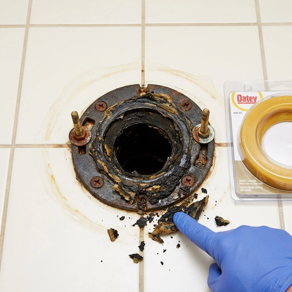 Failed wax ring showing water seepage at the base of a toilet in a Casey, IL home