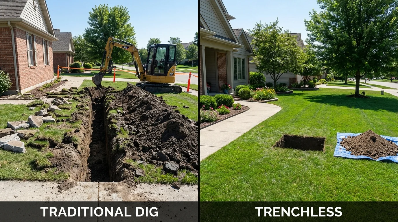 Trenchless sewer repair with minimal yard damage versus traditional excavation in Casey, IL