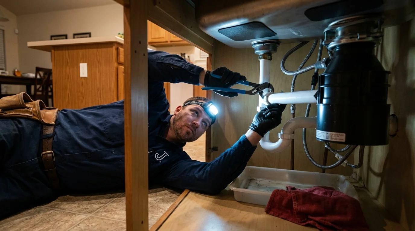 P-trap and supply line connections under a kitchen sink showing a common leak point in Casey, IL